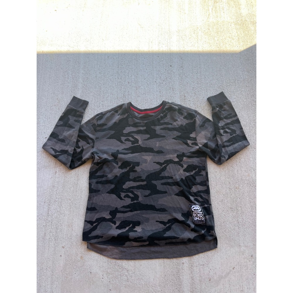 Ecko Unltd Mens XL Waffle Knit Thermal Long Sleeve Camo Shirt Grey Black